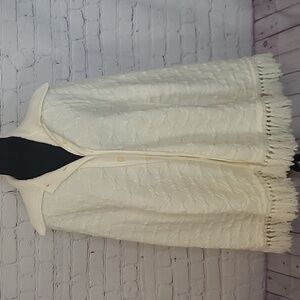 Vintage Ivory Cuddle Knit 70's Button Down Collared Bohemian Fringed Poncho Cape